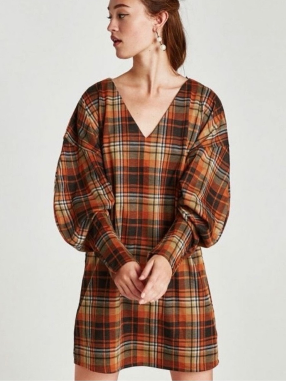 Zara Trafaluc Plaid V-Neck Mini Dress in Rust & Tan with Puffy Sleeve